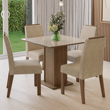 Juego de Comedor con Vidrio Sobrepuesto 4 Sillas Marrón/Crema/Imperial Sines Madesa
