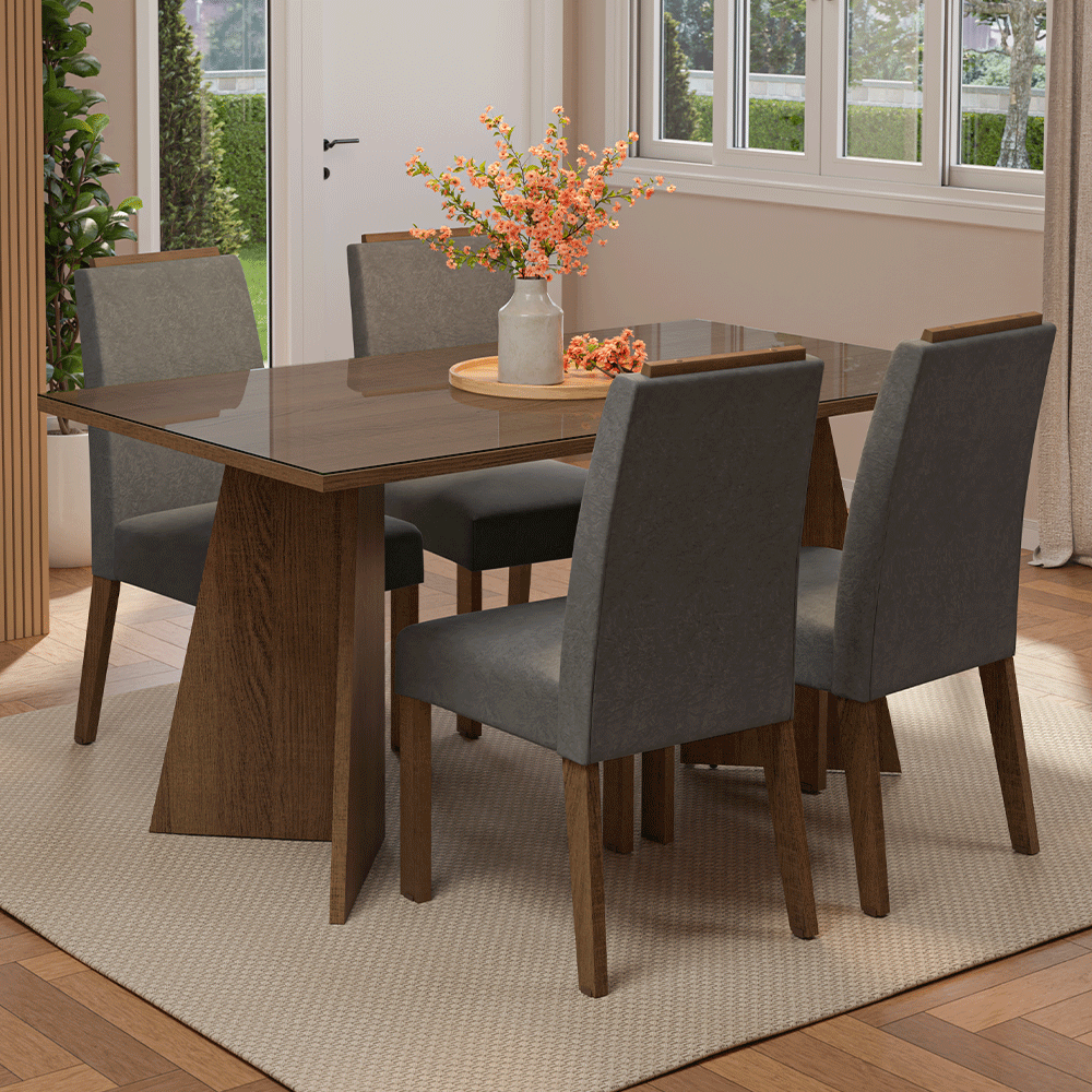 Juego de Comedor Mesada de Vidrio 4 Sillas Braga Marrón/Silver