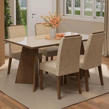 Juego de Comedor con Vidrio Sobrepuesto 4 Sillas Marrón/Crema/Imperial Braga Madesa