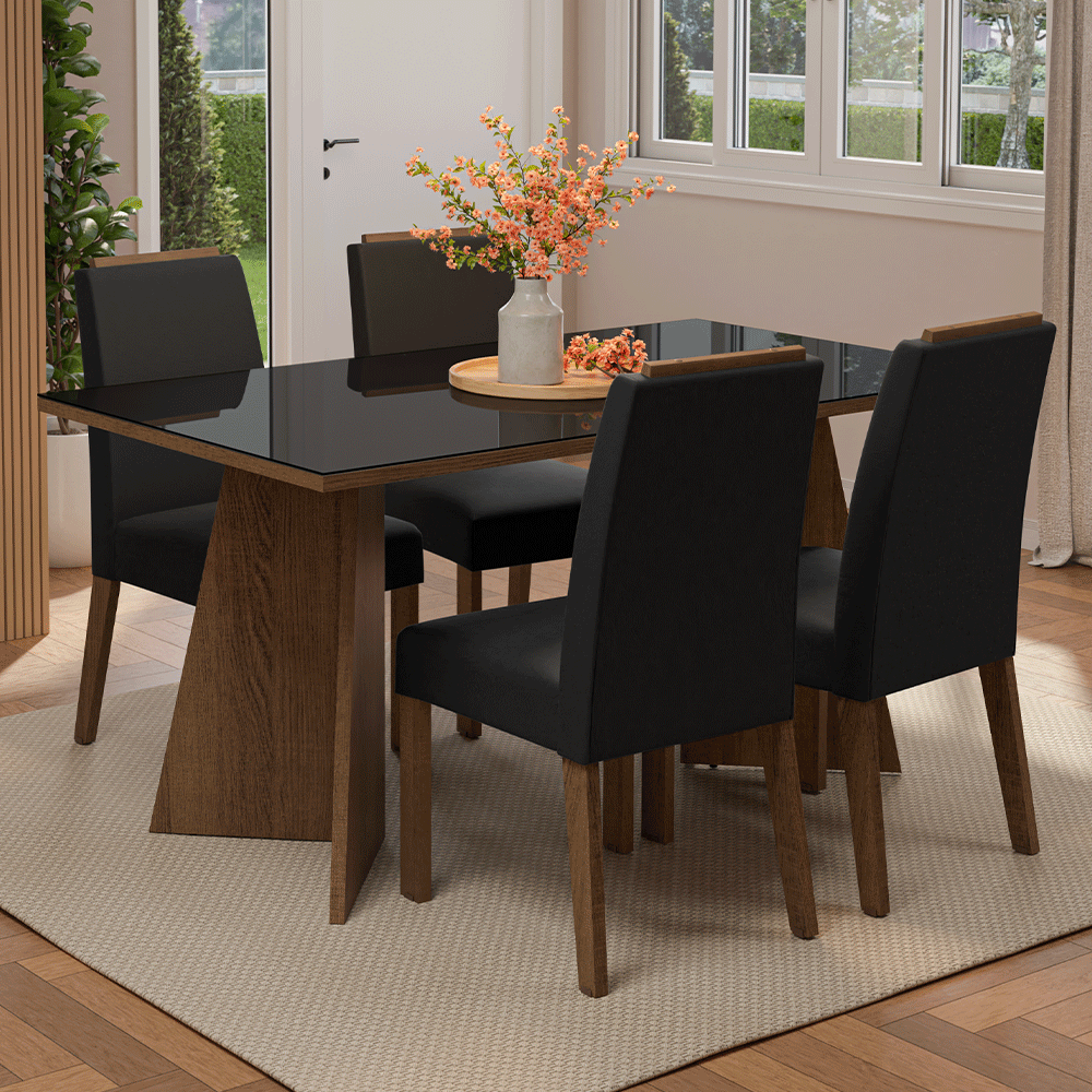 Juego de Comedor Mesada de Vidrio 4 Sillas Braga Marrón/Negro/Oxford