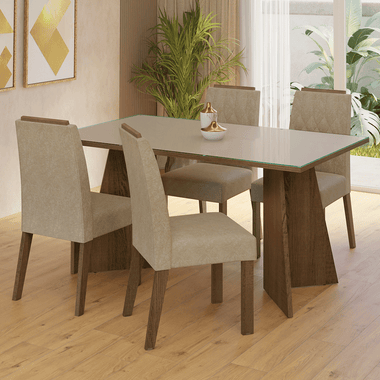Juego de Comedor con Vidrio Sobrepuesto 4 Sillas Marrón/Crema/Imperial Porto Madesa