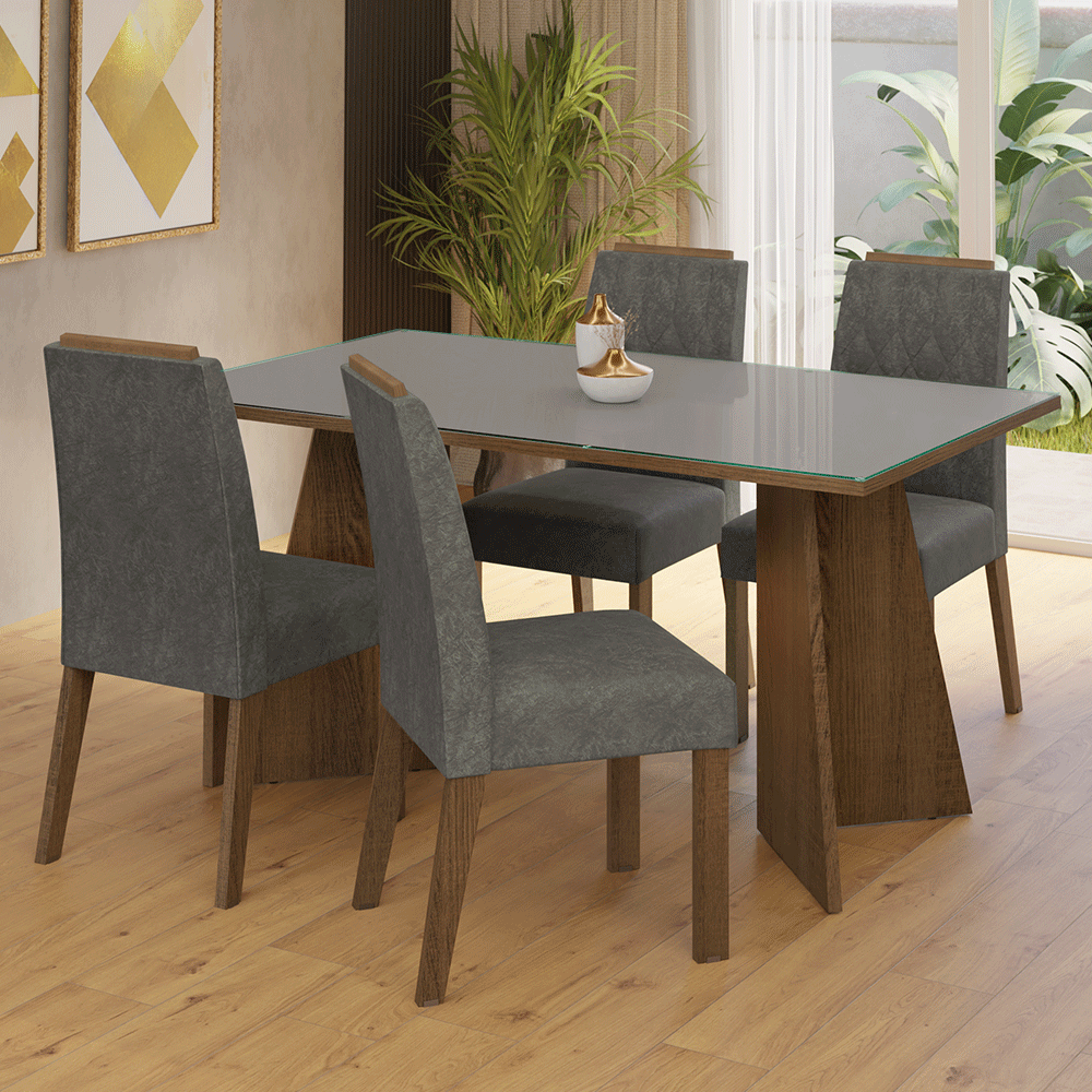 Juego de Comedor Mesada de Vidrio 4 Sillas Porto Marrón/Gris/Silver