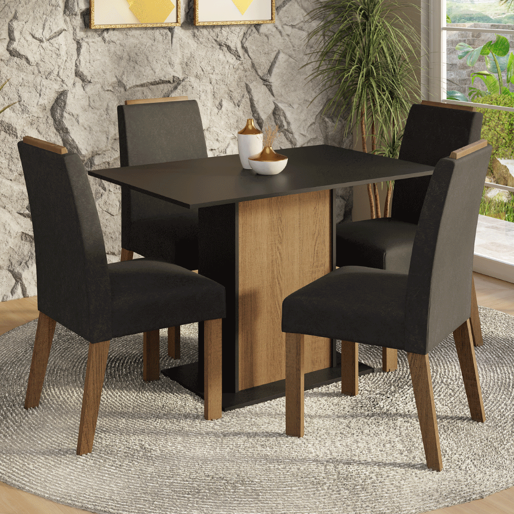 Juego de Comedor Tapa de Madera 4 Sillas Marrón/Negro/Oxford Acácia Madesa