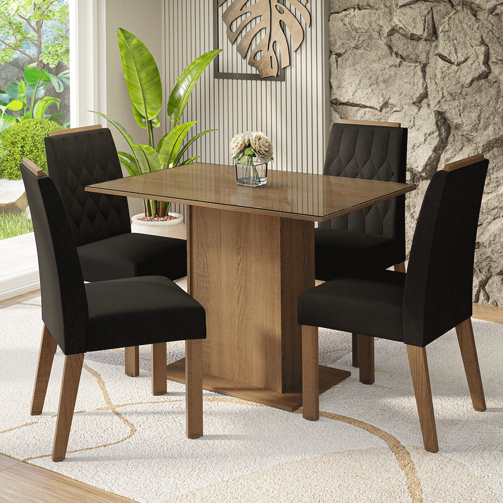 Juego de Comedor Tapa de Vidrio 4 Sillas Marrón/Oxford Pitanga Madesa