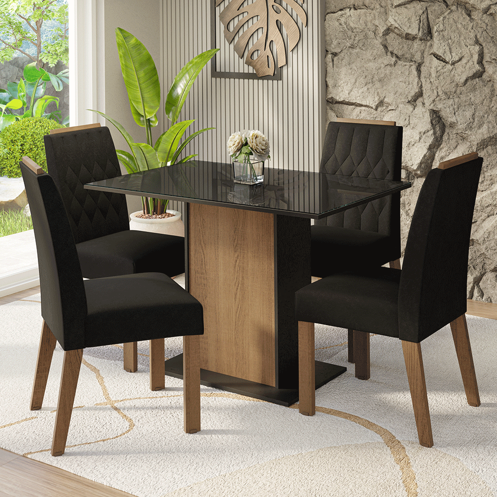 Juego de Comedor Tapa de Vidrio 4 Sillas Marrón/Negro/Oxford Pitanga Madesa