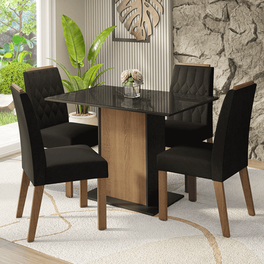 Juego de Comedor con Vidrio Sobrepuesto 4 Sillas Marrón/Negro/Oxford Pitanga Madesa