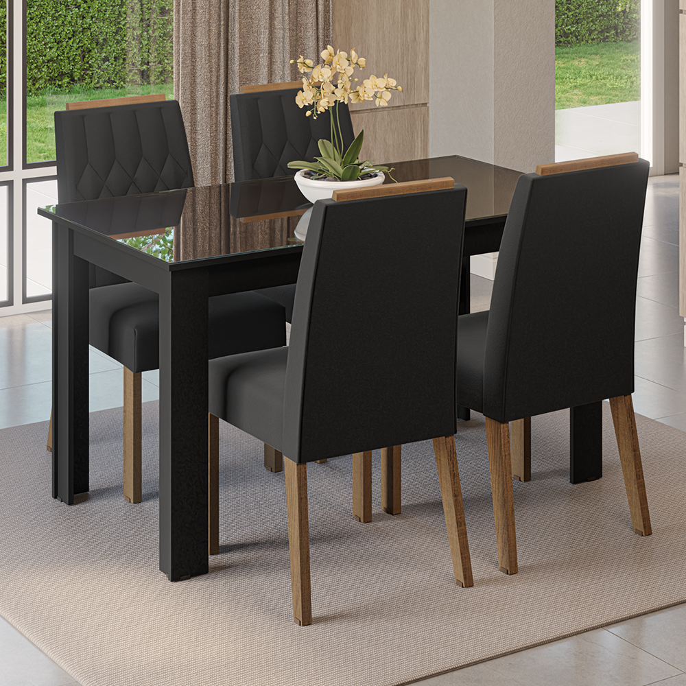 Juego de Comedor Tapa de Vidrio 4 Sillas Marrón/Negro/Oxford Pétala Madesa