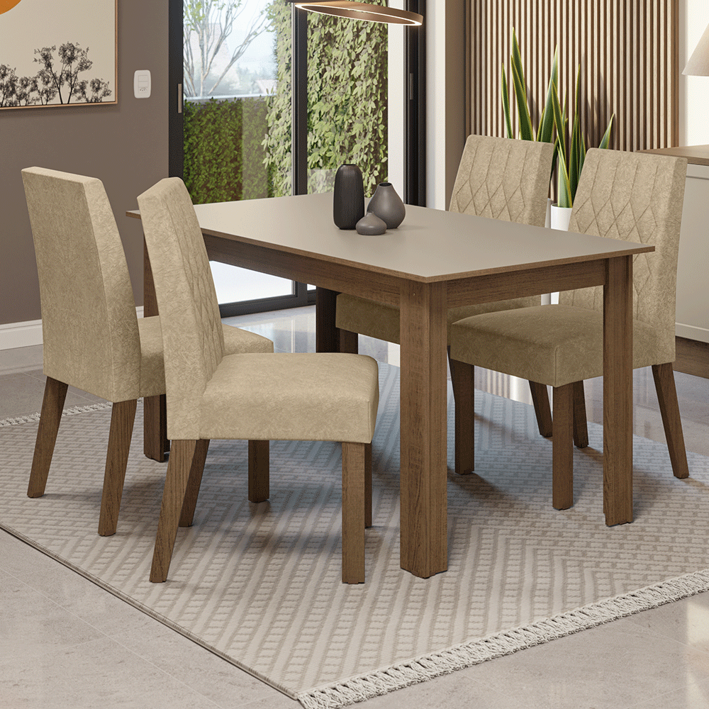 Juego Comedor Lótus Mesa Tapa de Madera 4 Sillas Marrón/Crema/Gamuza Imperial Madesa