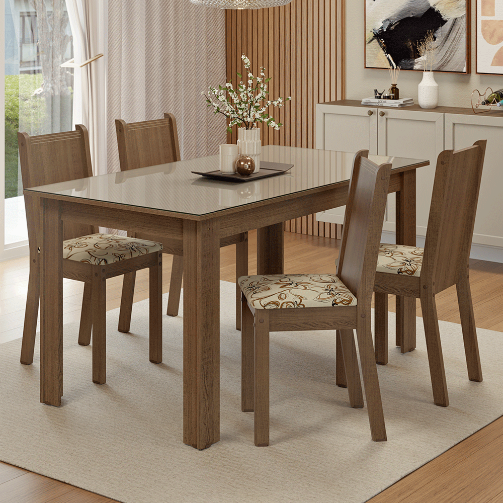 Juego de Comedor Mesa Tapa de Vidrio 4 Sillas Marrón/Crema/Lirio Beige Madesa