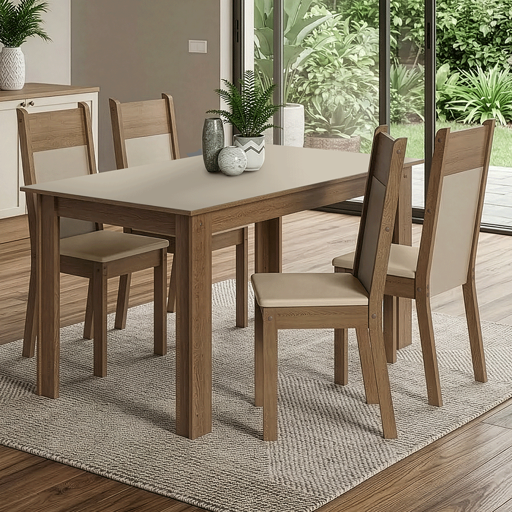 Juego de Comedor Mesa con Tapa de Madera 4 Sillas Marrón/Crema/Sintético Beige Madesa