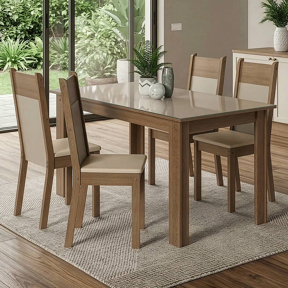 Juego de Comedor Mesa Tapa de Vidrio 4 Sillas Marrón/Crema/Sintético Beige Madesa