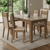 Juego de Comedor Mesa Tapa de Vidrio 4 Sillas Marrón/Crema/Sintético Beige Madesa