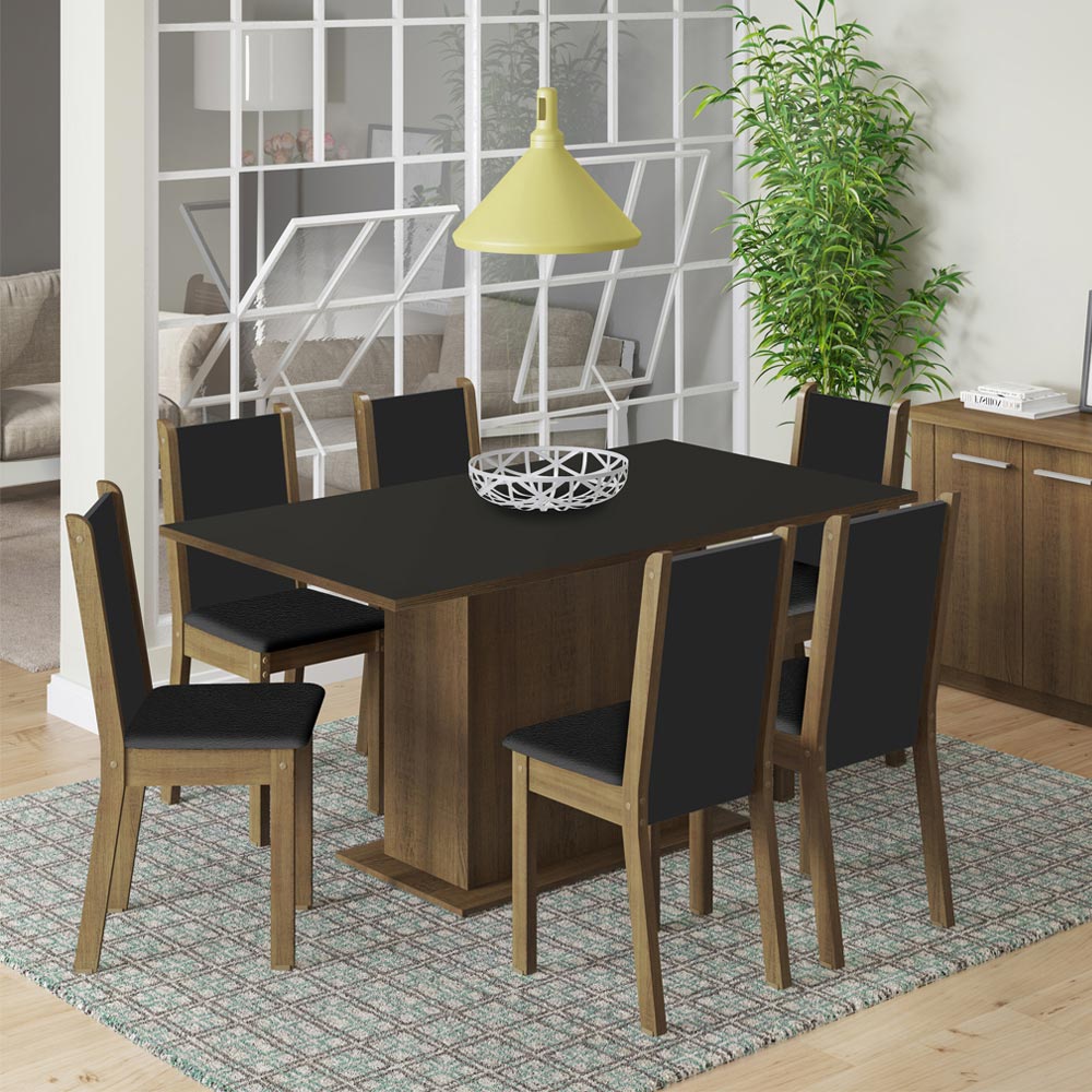 Juego de Comedor Madesa Ohana Mesa Tapa de Madera con 6 Sillas Marrón/Negro/Sintético Negro