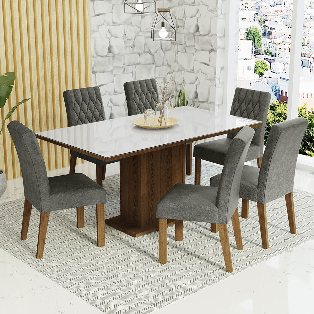Juego de Comedor Mesa Tapa de Vidrio 6 Sillas Marrón/Blanco/Silver Geórgia Madesa