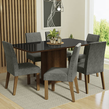 Juego de Comedor con Vidrio Sobrepuesto 6 Sillas Marrón/Negro/Silver Alexis Madesa