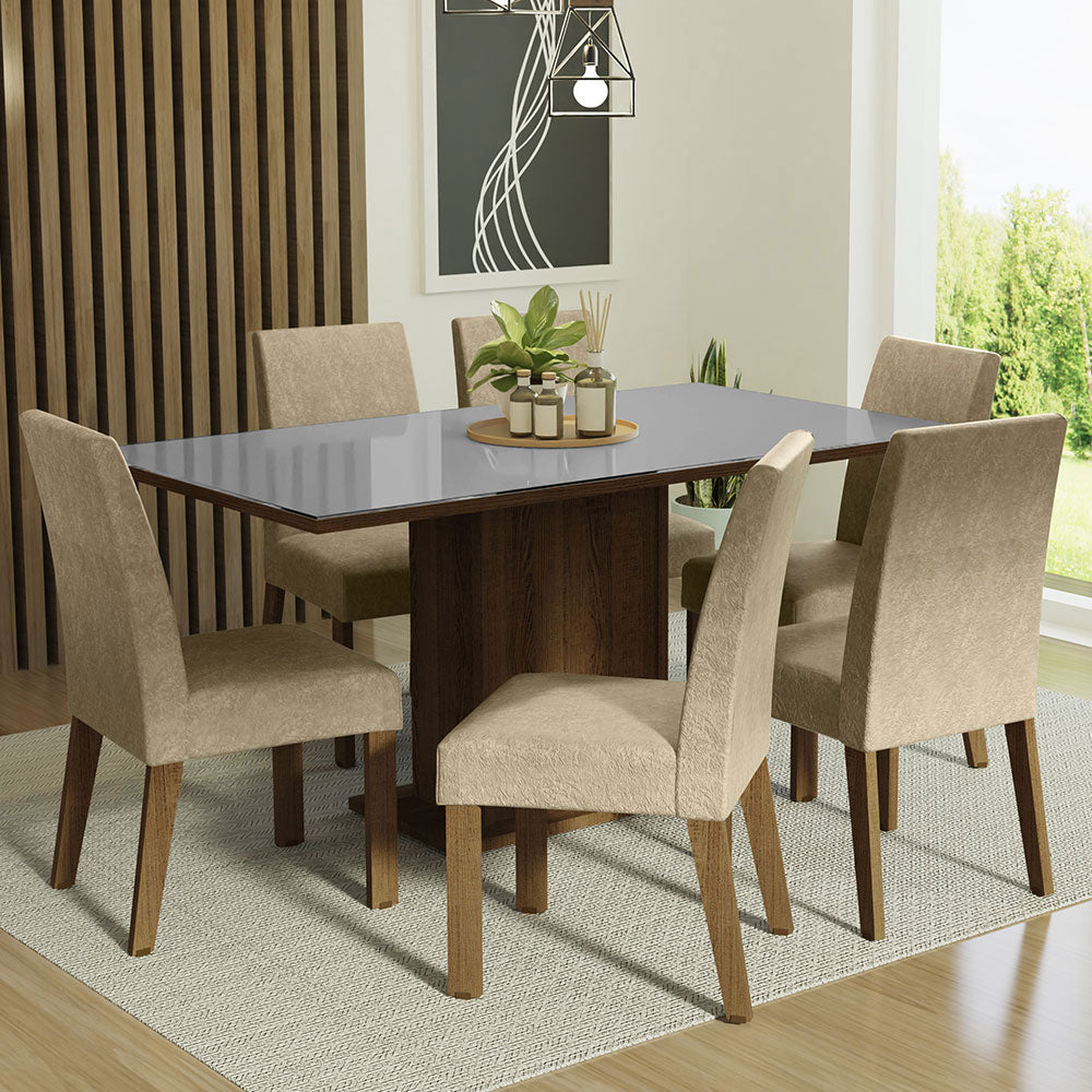 Juego de Comedor Alexis Mesa Rectangular Tapa de Vidrio con 6 Sillas Marrón/Gris/Imperial Madesa