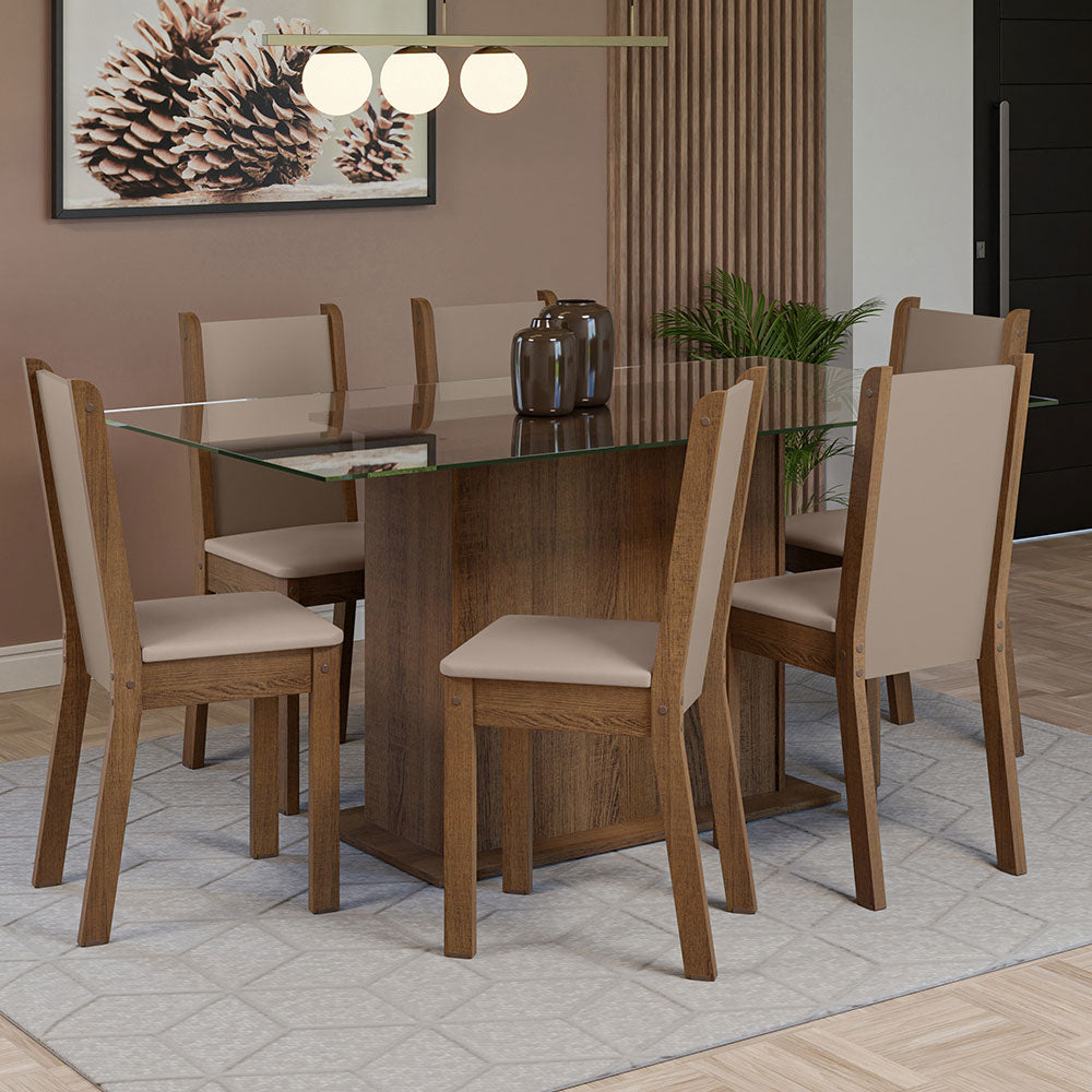Juego de Comedor Mesa Tapa de Vidrio 6 Sillas Marrón/Crema/Sintético Beige Yolanda Madesa