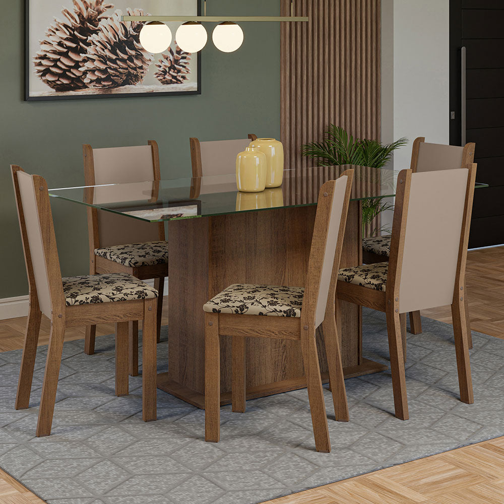 Juego de Comedor Mesa Tapa de Vidrio 6 Sillas Marrón/Crema/Beige Marrón Yolanda Madesa