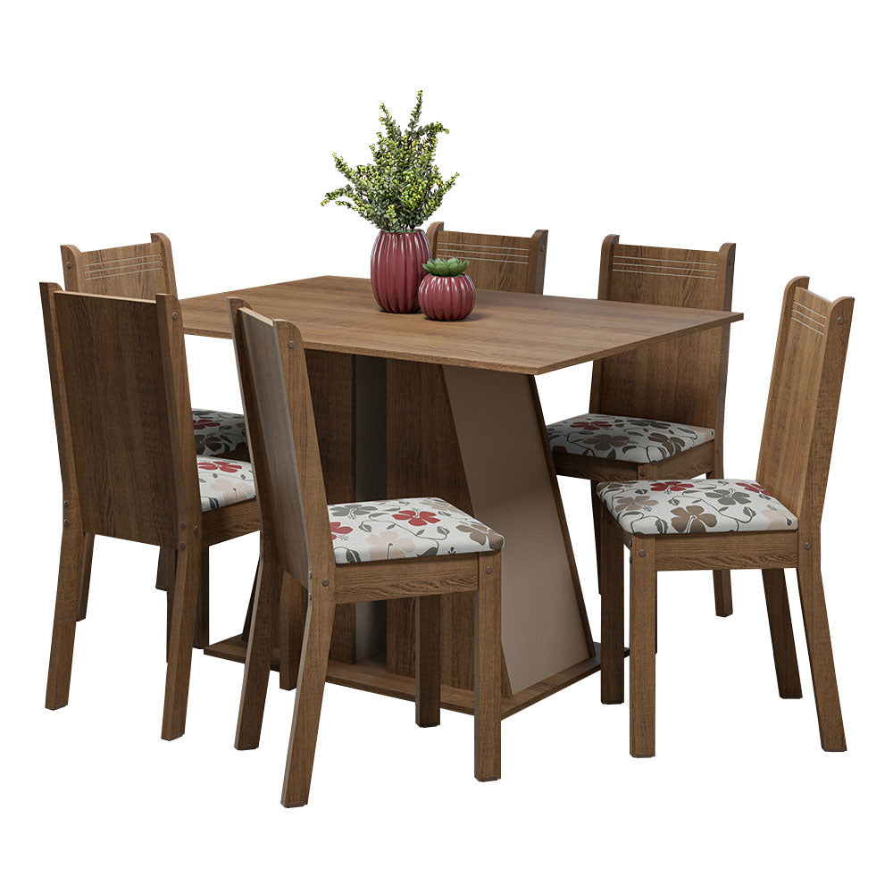 Juego de Comedor Mesa Tapa de Madera 6 Sillas Marrón/Crema/Hibiscos Sharon Madesa