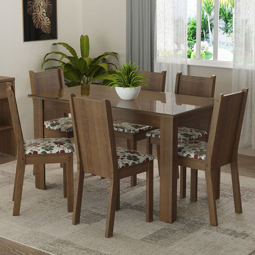 Juego de Comedor Mesa Tapa de Vidrio 6 Sillas Marrón/Hibiscos Isla Madesa