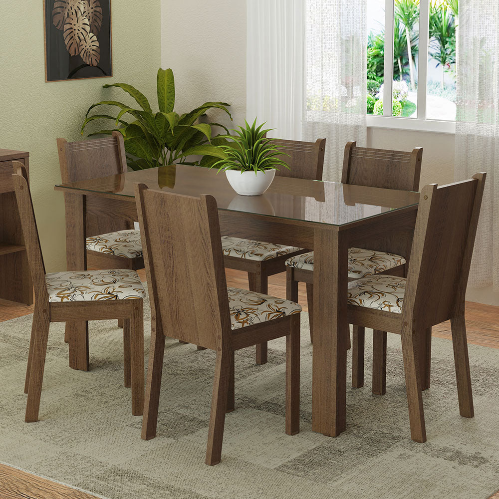 Juego de Comedor Mesa Tapa de Vidrio 6 Sillas Marrón/Lirio Beige Isla Madesa