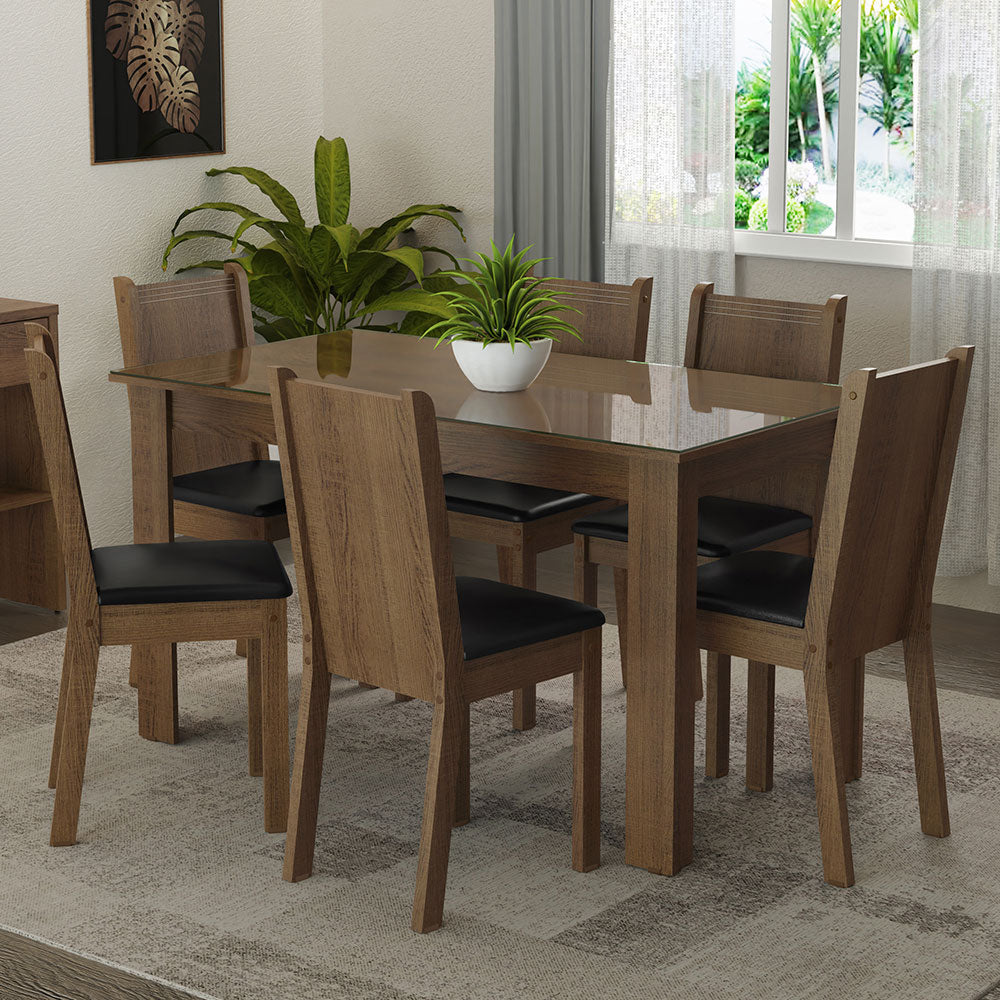 Juego de Comedor Mesa Tapa de Vidrio 6 Sillas Marrón/Sintético Negro Isla Madesa