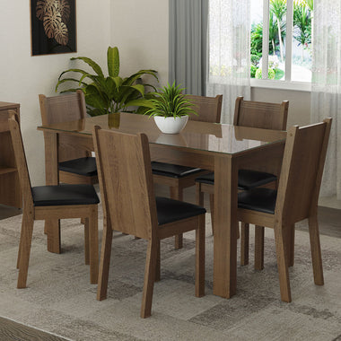 Juego de Comedor con Vidrio Sobrepuesto 6 Sillas Marrón/Sintético Negro Isla Madesa