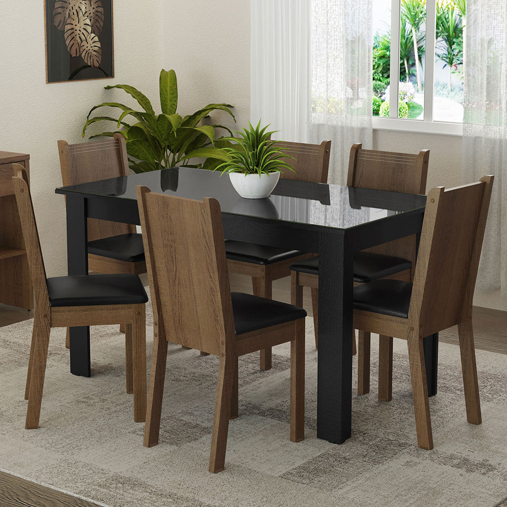Juego de Comedor Mesa Tapa de Vidrio 6 Sillas Negro/Marrón Isla Madesa