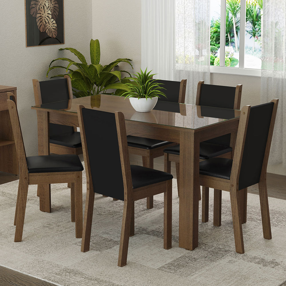 Juego de Comedor Mesa Tapa de Vidrio 6 Sillas Marrón/Negro Heloísa Madesa