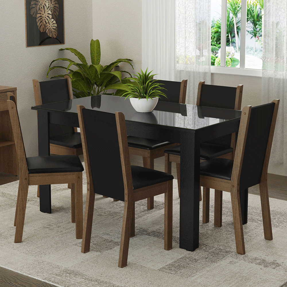 Juego Comedor Mesa con Tapa de Vidrio 6 Sillas Negro/Marrón Heloísa Madesa