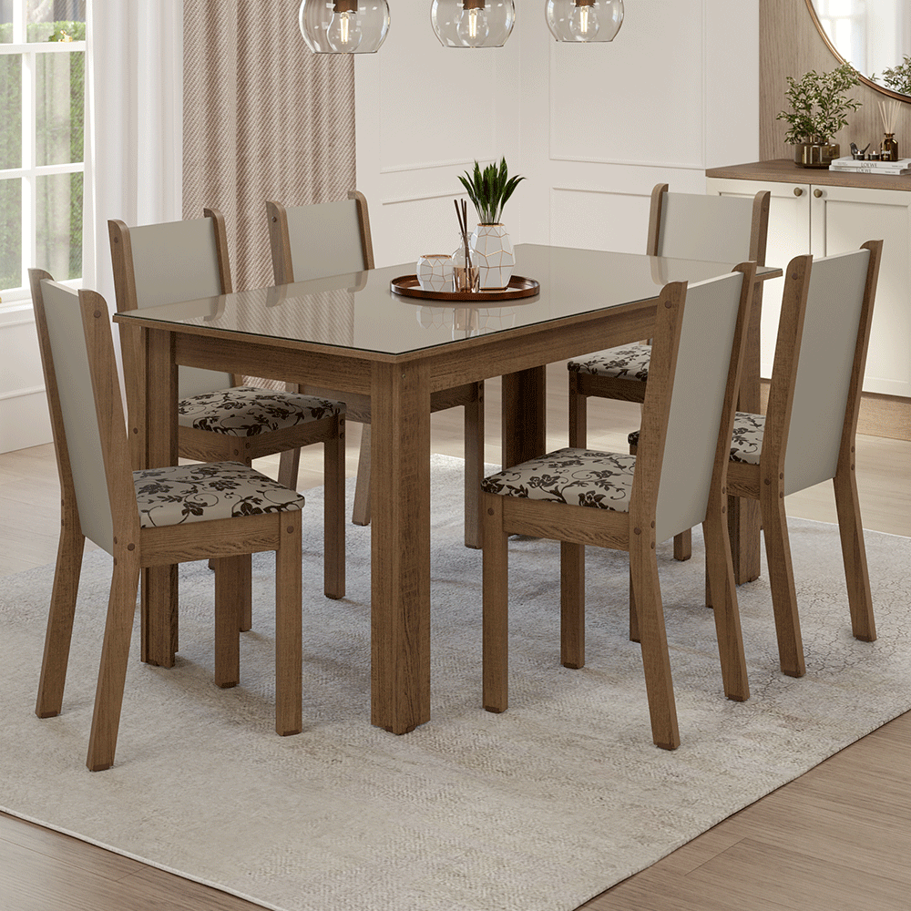 Juego Comedor Elóra Mesa Tapa de Vidrio 6 Sillas Marrón/Crema/Beige Madesa