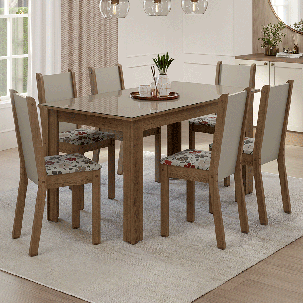 Juego Comedor Elóra Mesa Tapa de Vidrio 6 Sillas Marrón/Crema/Floral Hibiscos Madesa