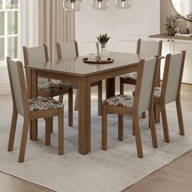 Juego de Comedor con Vidrio Sobrepuesto 6 Sillas Marrón/Crema/Floral Hibiscos Heloísa Madesa