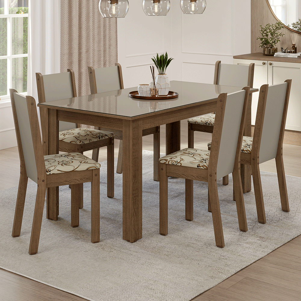 Juego Comedor Elóra Mesa Tapa de Vidrio 6 Sillas Marrón/Crema/Lírio Beige Madesa