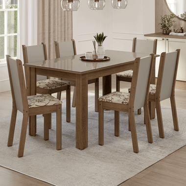 Juego de Comedor con Vidrio Sobrepuesto 6 Sillas Marrón/Crema/Lirio Beige Heloísa Madesa