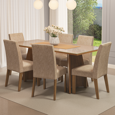 Juego de Comedor con Vidrio Sobrepuesto 6 Sillas Marrón/Crema Valerie Madesa