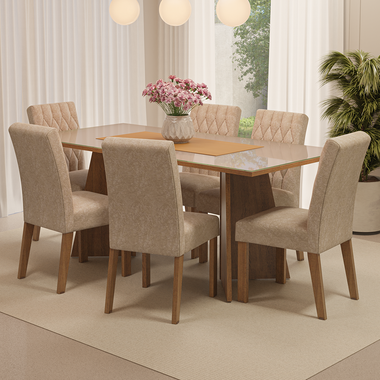 Juego de Comedor con Vidrio Sobrepuesto 6 Sillas Marrón/Crema Marissa Madesa
