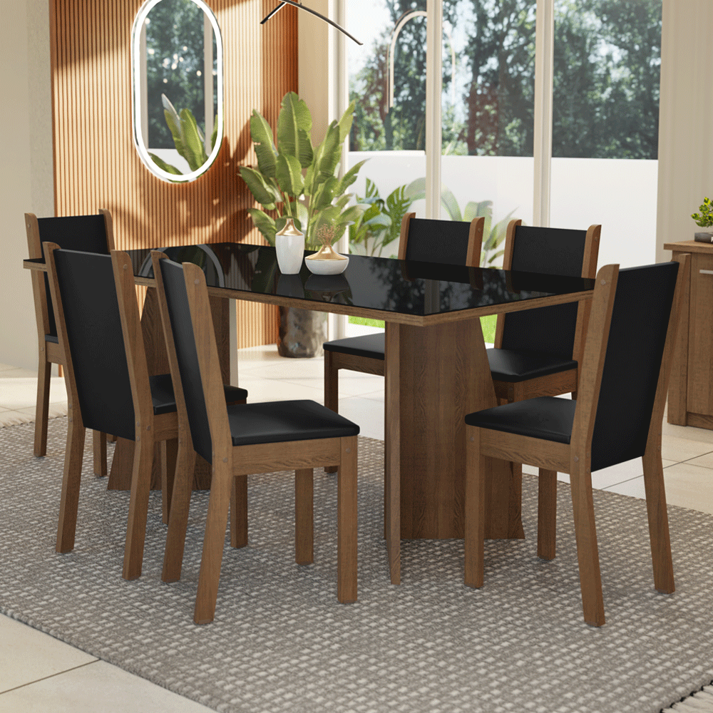 Conjunto Comedor Mesa Mesada de Vidro 6 Sillas Marrón/Negro Viola Madesa