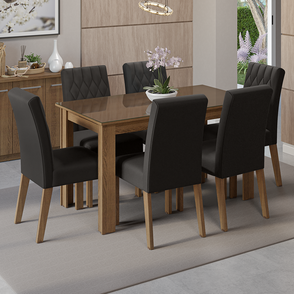 Juego de Comedor con Mesa de Tapa de Vidrio y 6 Sillas Marrón/Oxford Odara Madesa