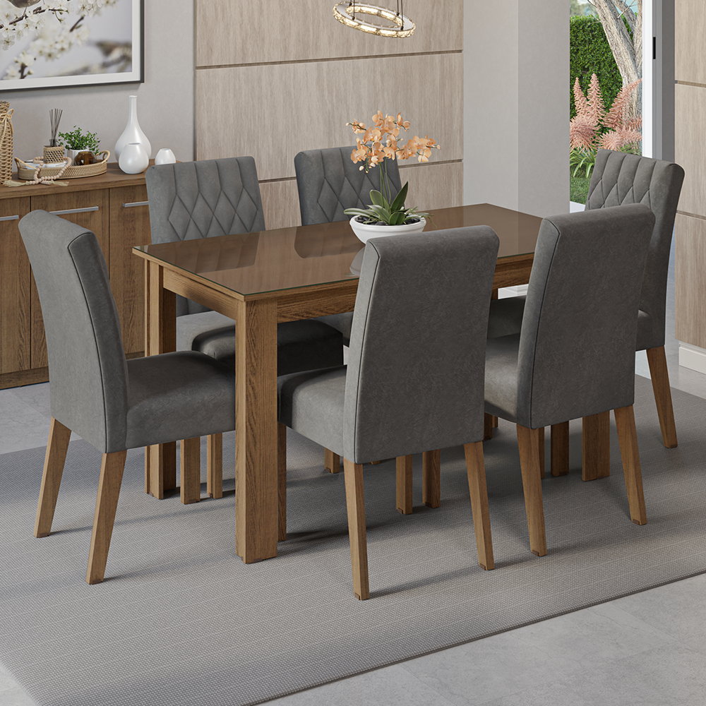 Juego de Comedor con Mesa de Tapa de Vidrio y 6 Sillas Marrón/Silver Odara Madesa