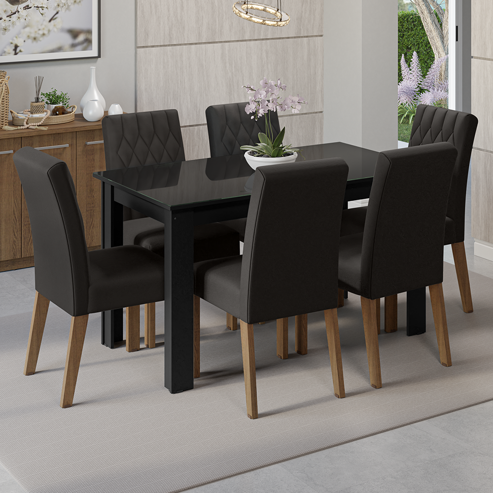 Juego de Comedor con Mesa de Tapa de Vidrio y 6 Sillas Marrón/Negro/Oxford Odara Madesa