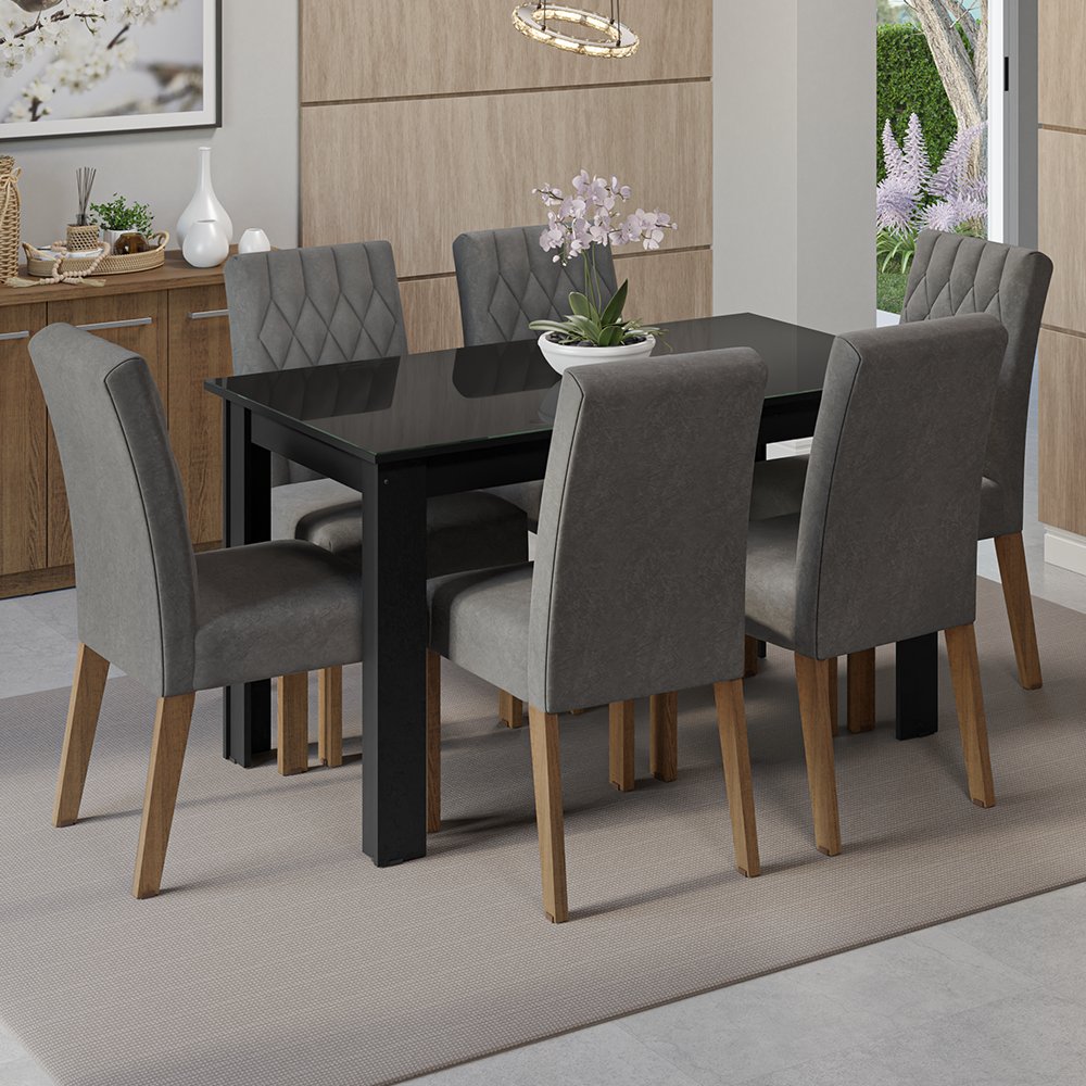 Juego de Comedor con Mesa de Tapa de Vidrio y 6 Sillas Marrón/Negro/Silver Odara Madesa