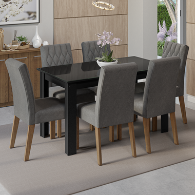 Juego de Comedor con Vidrio Sobrepuesto 6 Sillas Marrón/Negro/Silver Odara Madesa