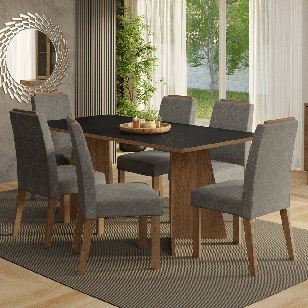 Juego de Comedor Mesada de Madera 6 Sillas Minsk Marrón/Negro/Silver