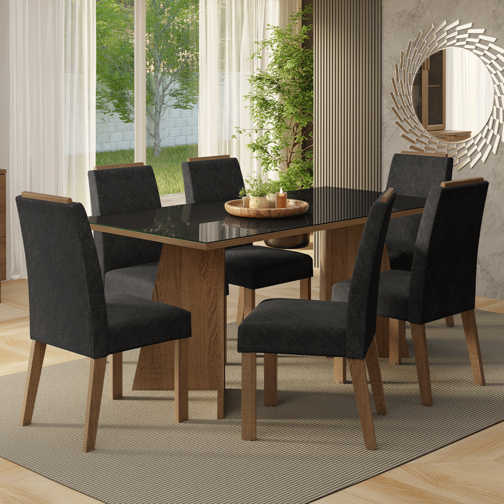 Juego de Comedor con Vidrio Sobrepuesto 6 Sillas Marrón/Negro/Oxford Amalfi Madesa