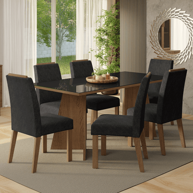 Juego de Comedor con Vidrio Sobrepuesto 6 Sillas Marrón/Negro/Oxford Amalfi Madesa