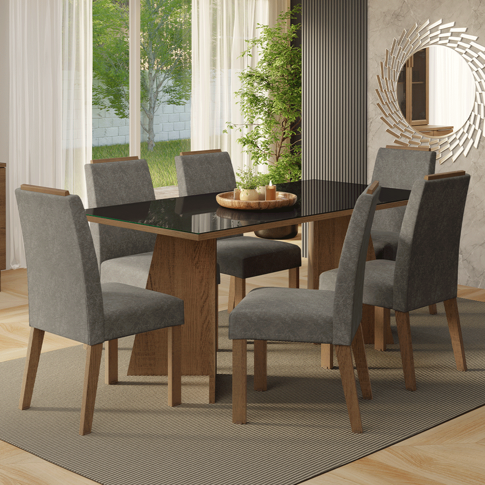 Juego de Comedor Mesada de Vidrio 6 Sillas Amalfi Marrón/Negro/Silver