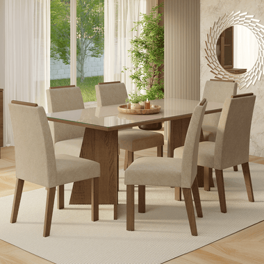 Juego de Comedor con Vidrio Sobrepuesto 6 Sillas Marrón/Crema/Imperial Amalfi Madesa
