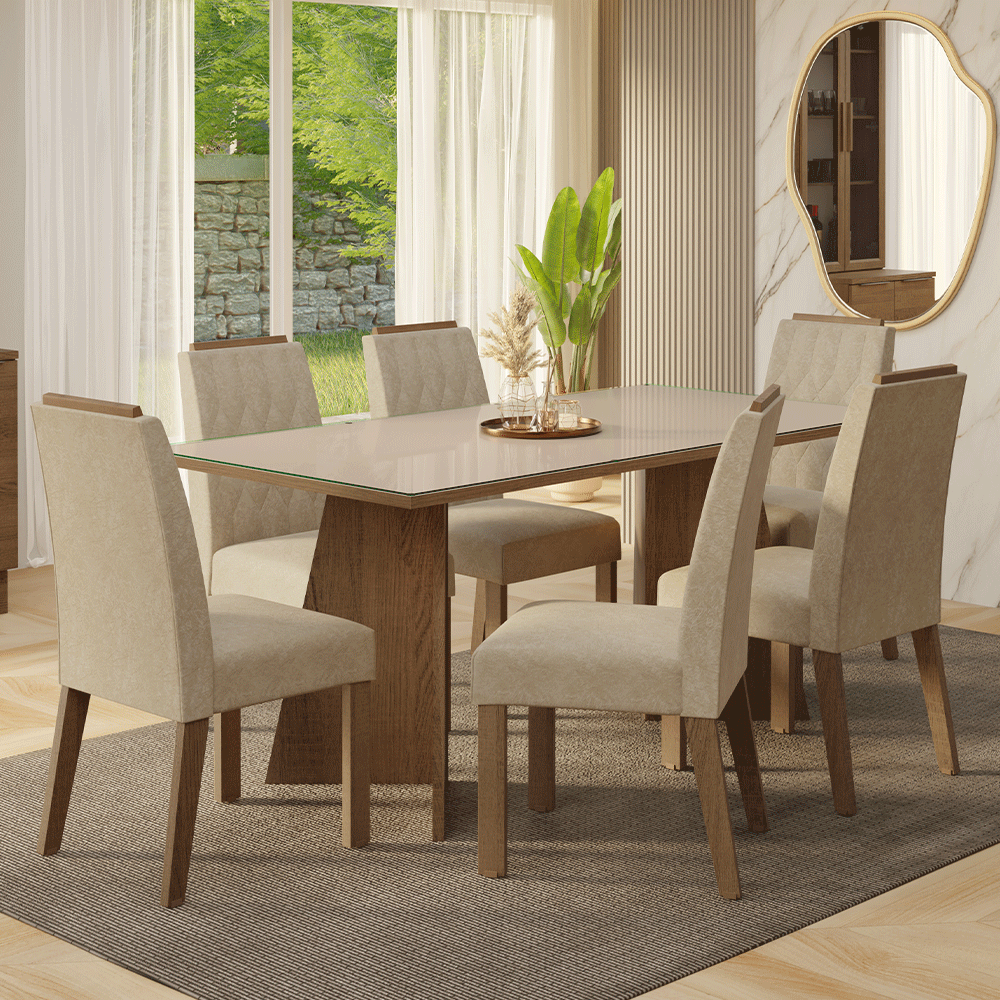 Juego de Comedor Mesada de Vidrio 6 Sillas Siena Marrón/Crema/Imperial