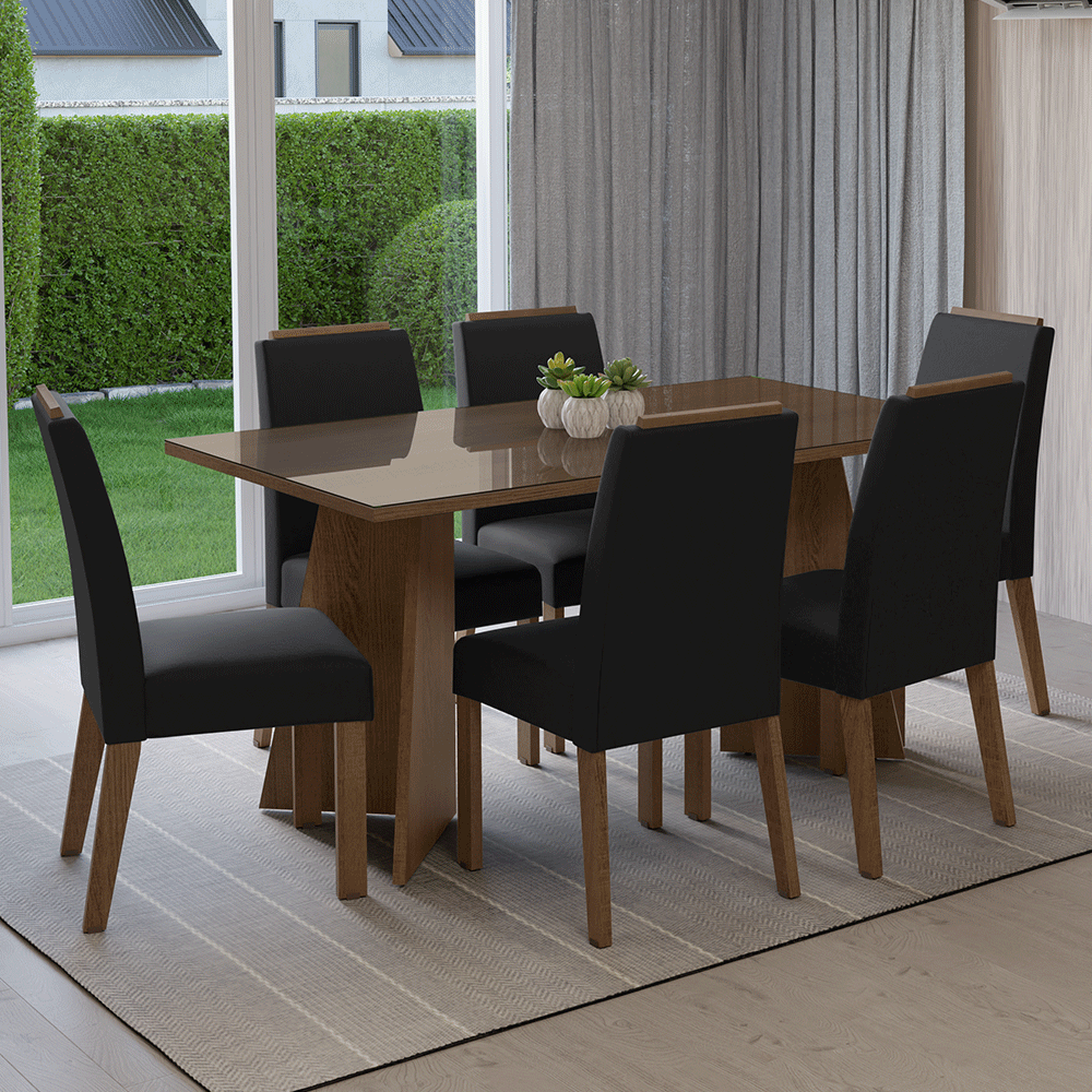 Juego de Comedor Mesada de Vidrio 6 Sillas Madrid Marrón/Oxford